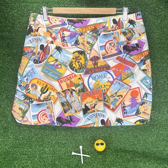 LOUDMOUTH Golf Postcard Skort w/ Liner Shorts Womens 12 Retro World Cities Skirt - Picture 1 of 11
